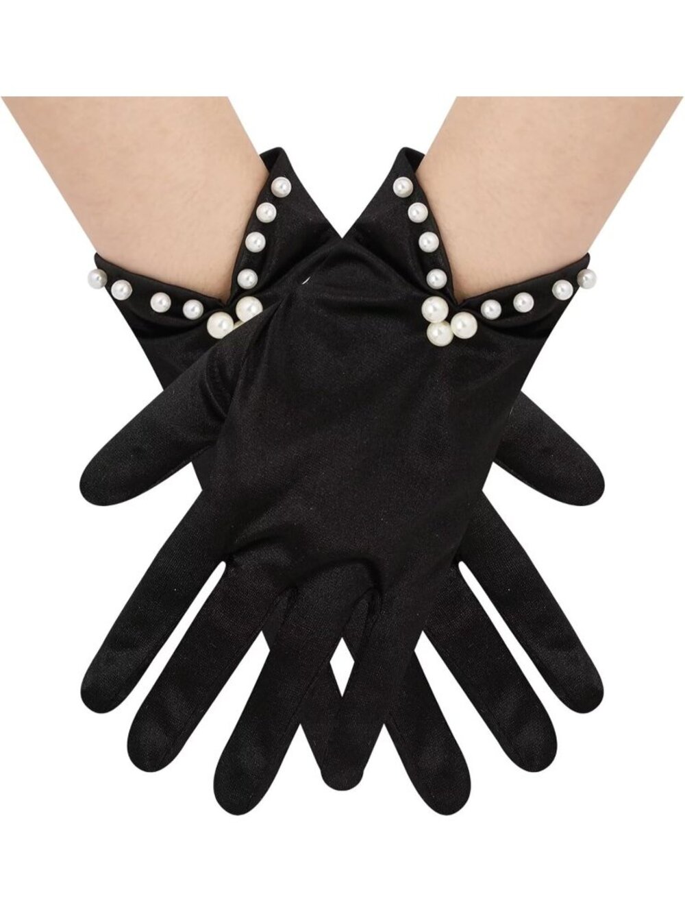 Women's Black Short Satin Gloves with Pearl Tea Party  Opera Banquet Gloves